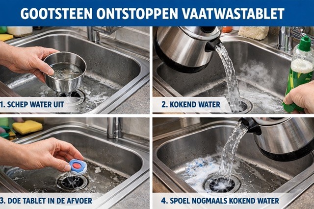 Methode 1: Gootsteen ontstoppen met een vaatwastablet