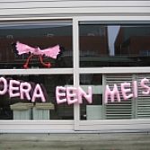 Roze 3d ooievaar met opblaasletters